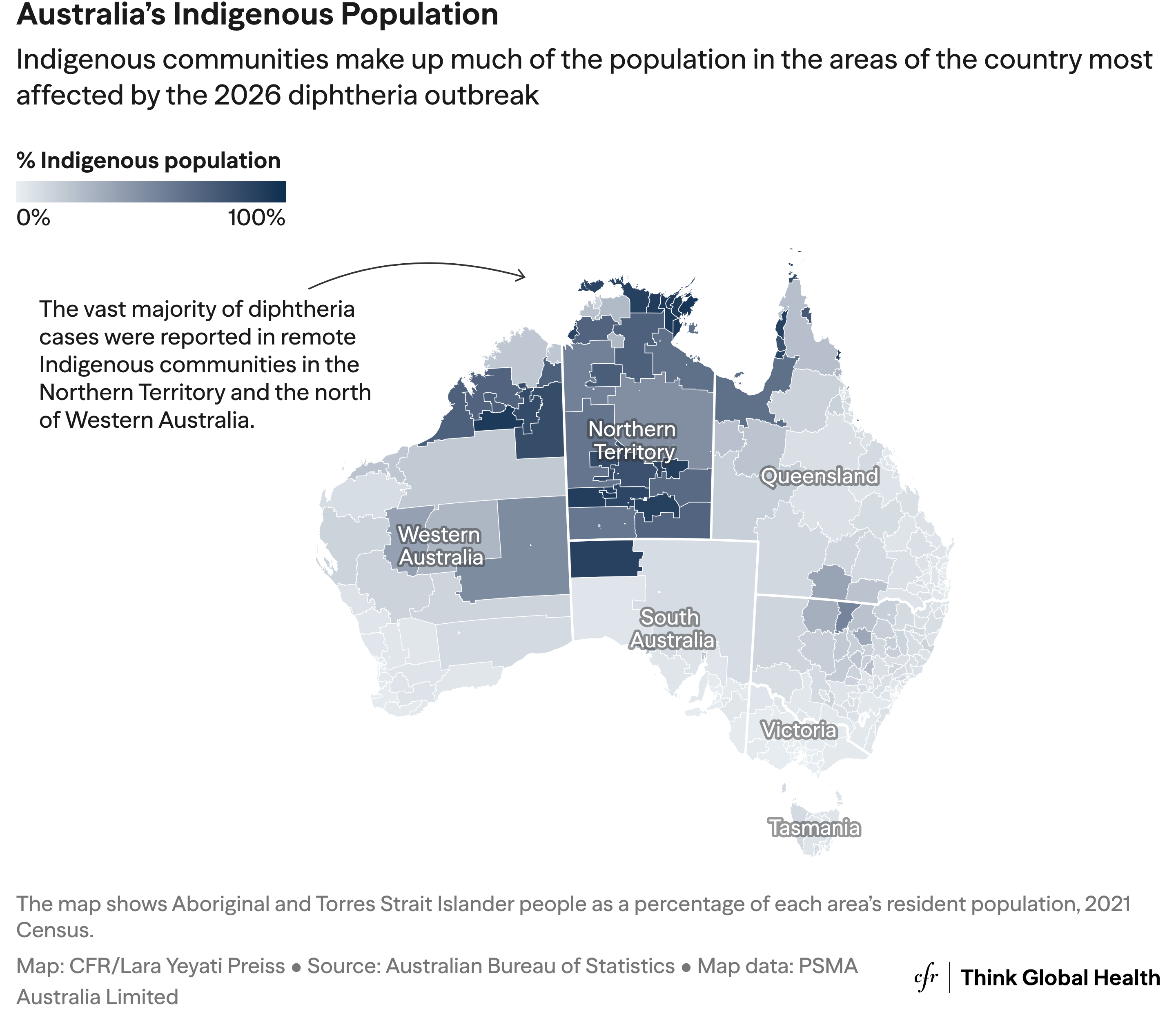 Choropleth map of Indigenous share of population across Australia, 2021 census