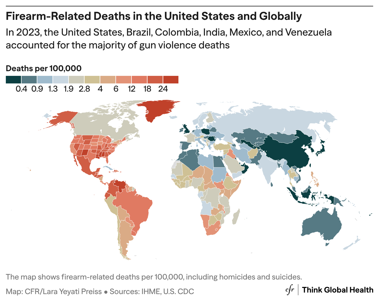 Choropleth map of firearm deaths per 100,000 for 2023