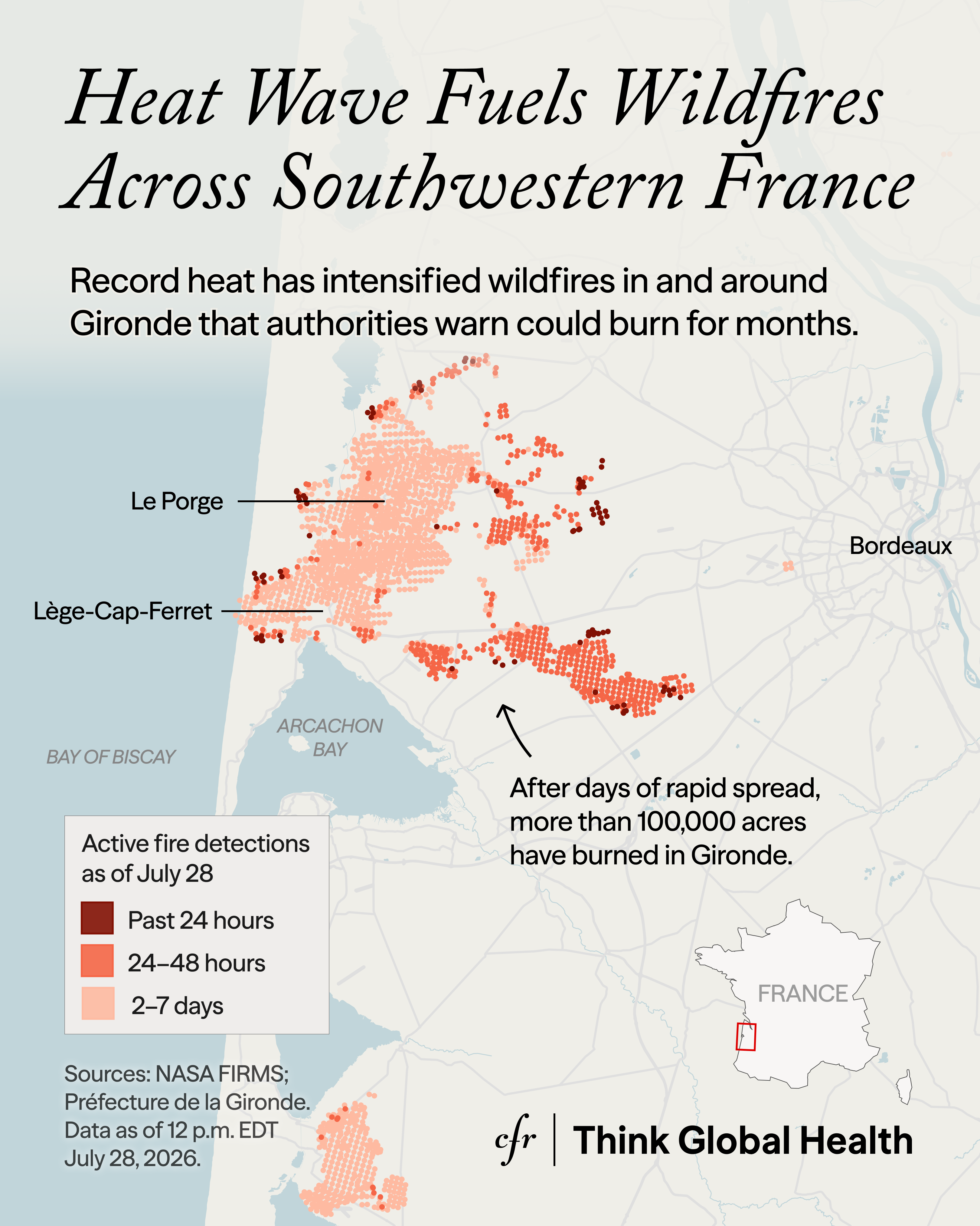 Vertical social media adaptation of the wildfire map showing active fire detections in and around France’s Gironde region as of July 28, 2026