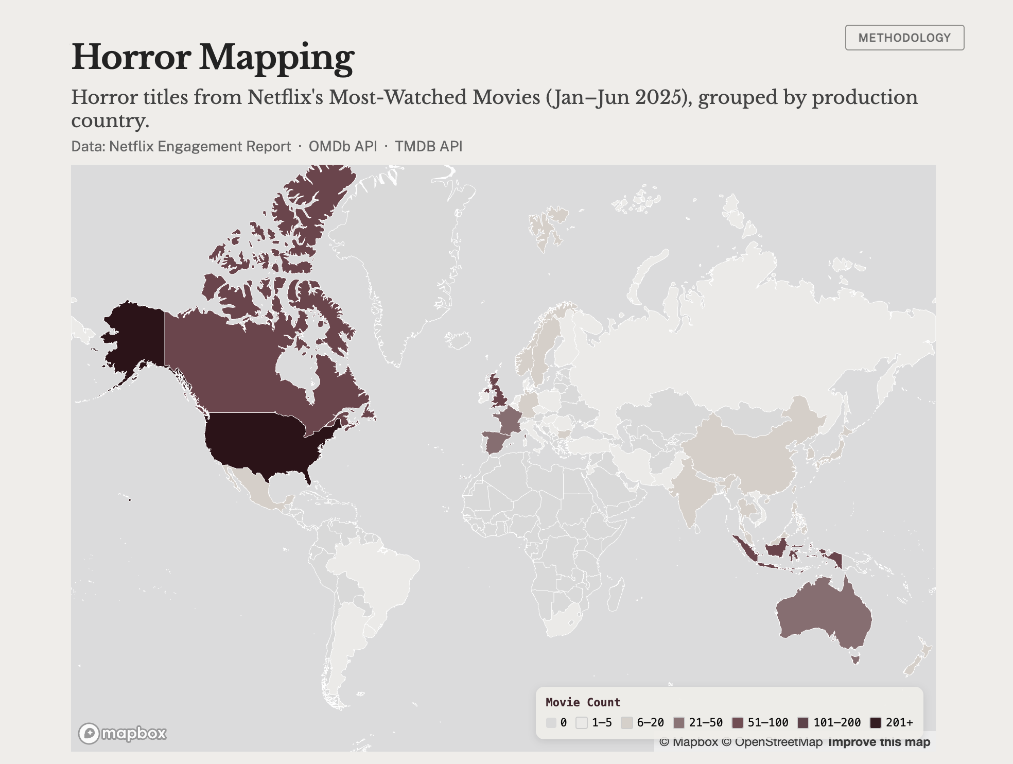 Geographic distribution of horror film production countries