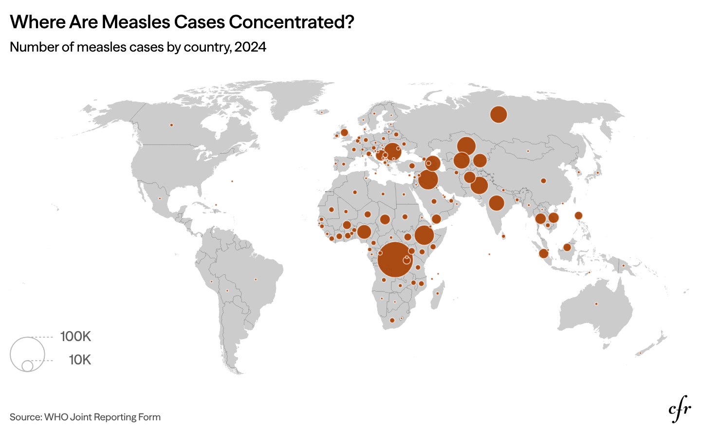 Bubble map showing number of measles cases by country in 2024