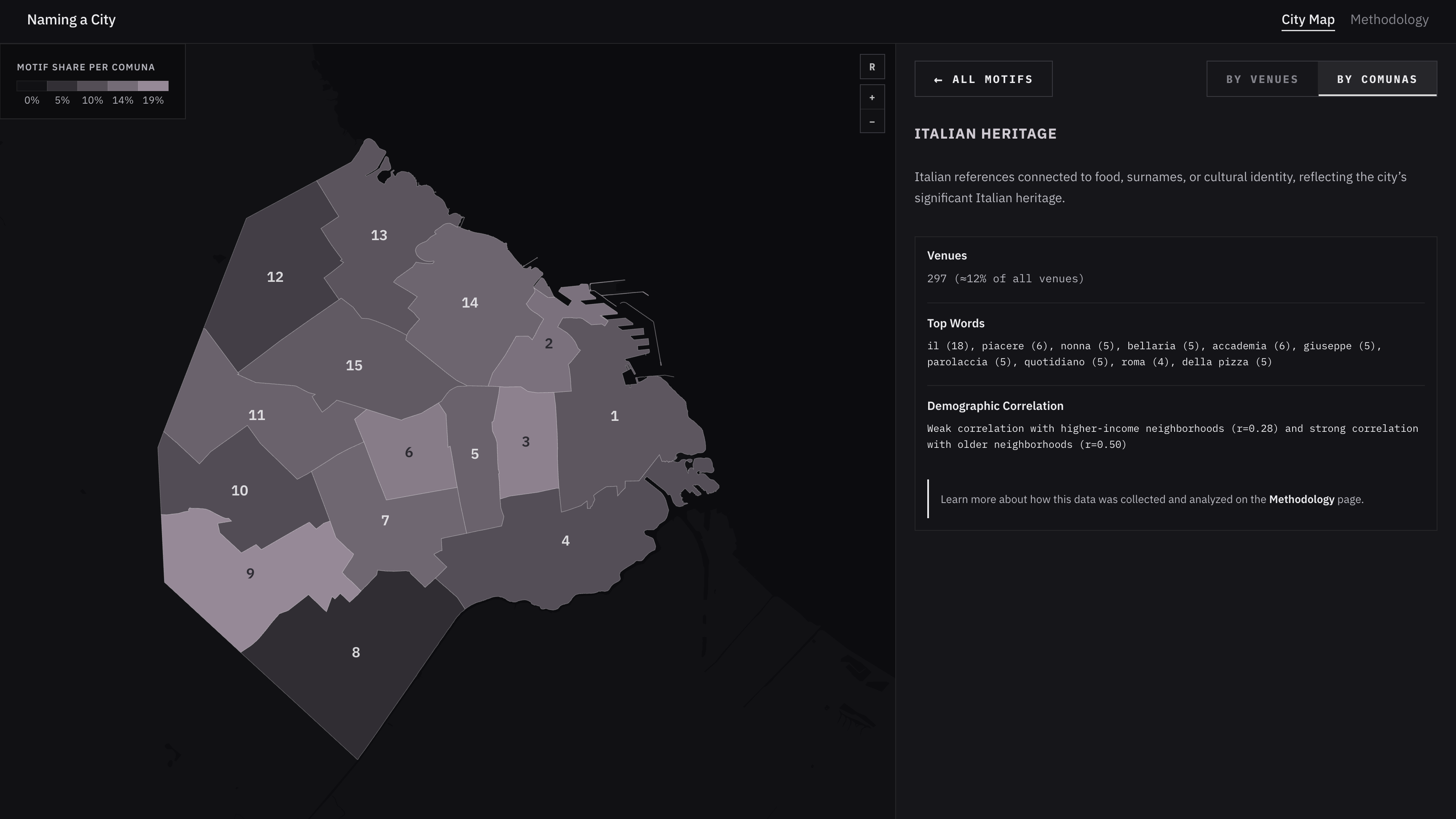 Map showing motif distribution by comuna