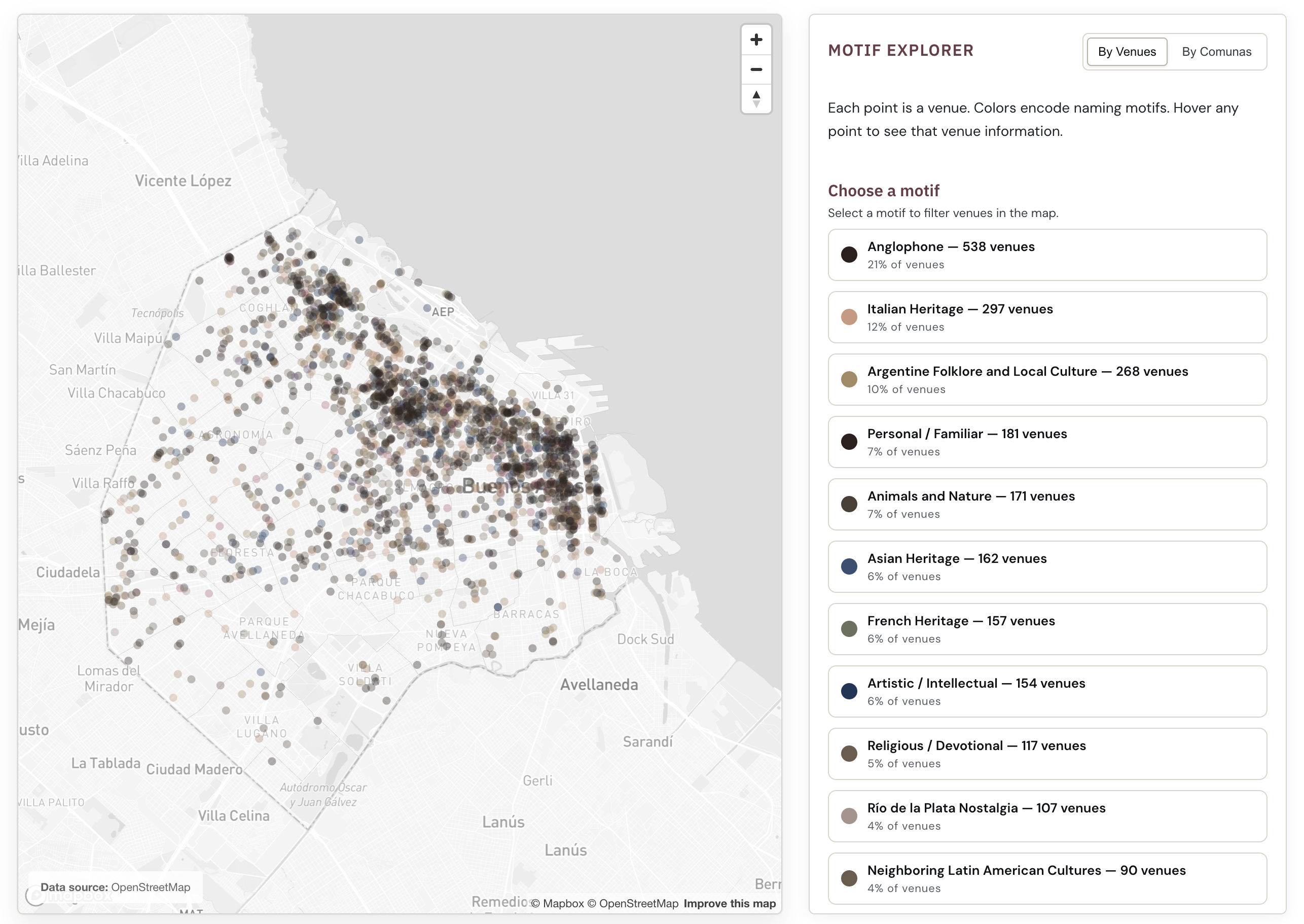 Motif explorer map of Buenos Aires venues