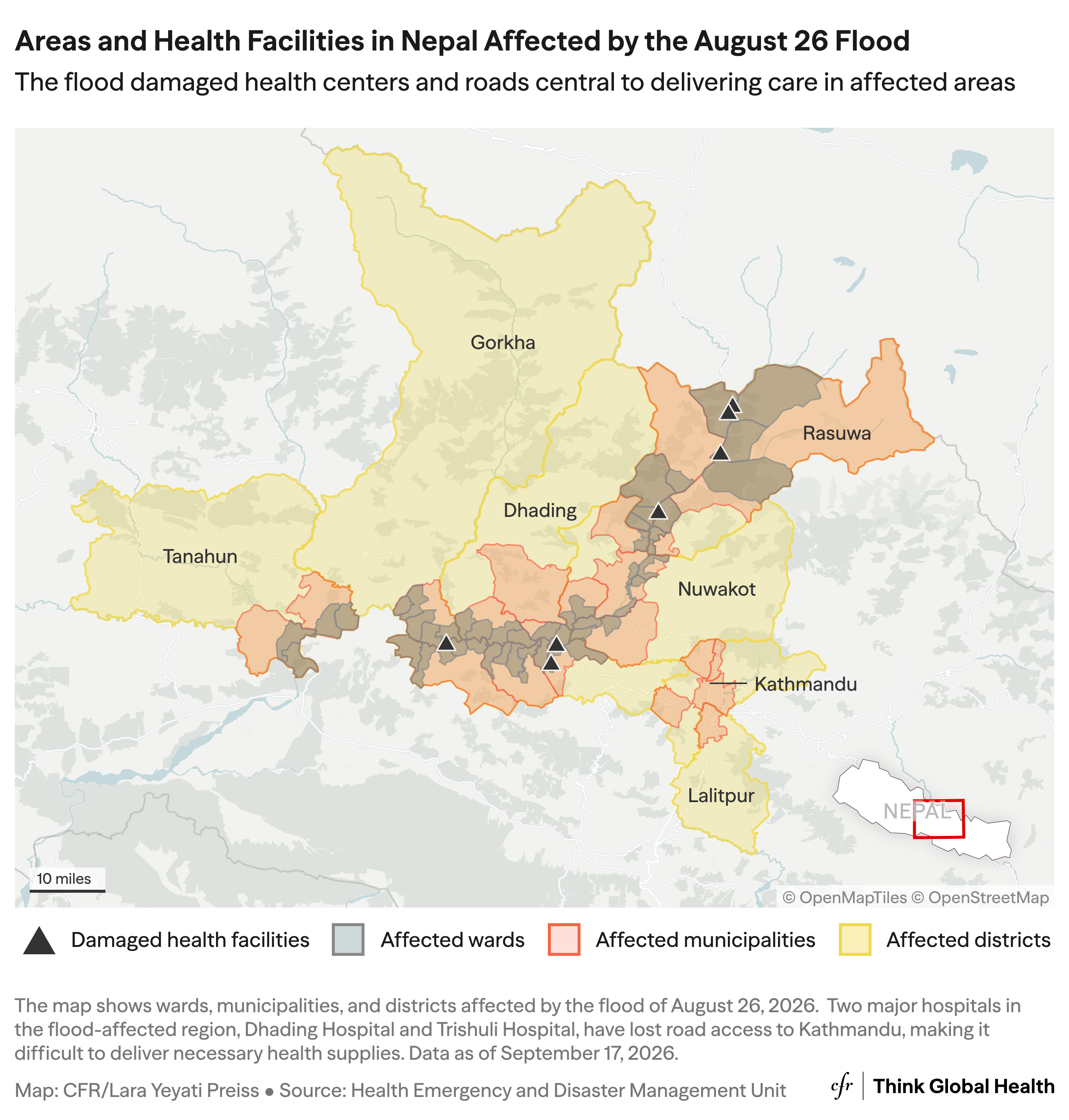 Map of wards, municipalities, and districts in Nepal affected by the August 26, 2026 flood, with damaged health facilities marked