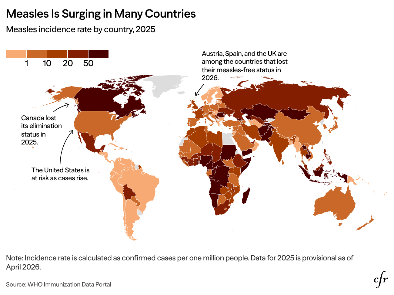 World choropleth showing measles incidence surging in many countries