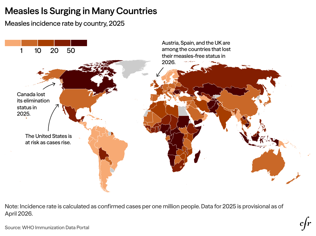 World choropleth of measles incidence per million population
