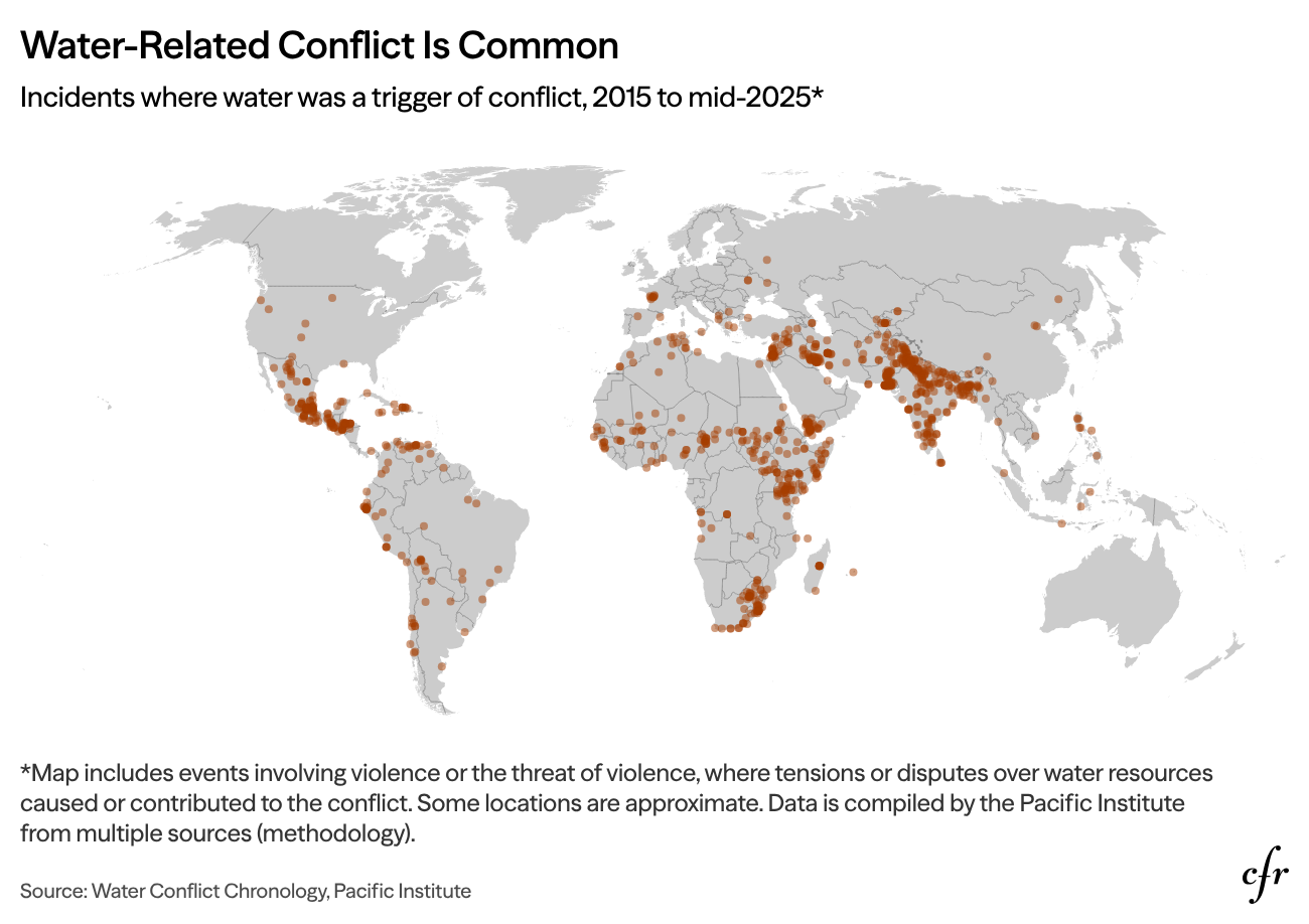 Dot map of water-related conflict incidents from 2015 to mid-2025