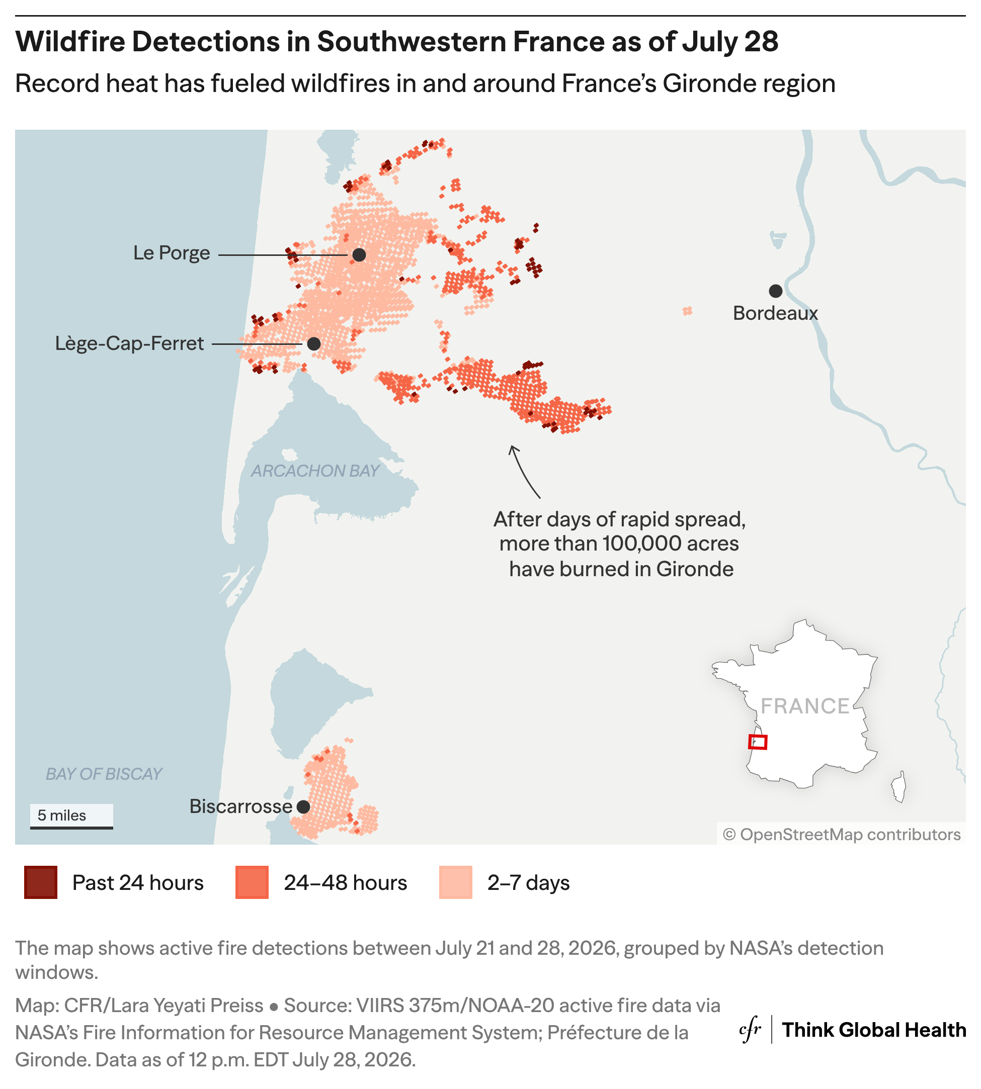 Map of active wildfire detections across France’s Gironde region between July 21 and 28, 2026